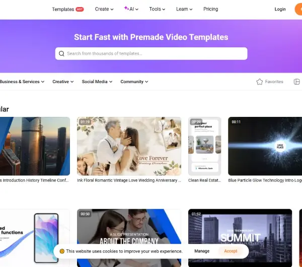 Interfejs FlexClip z gotowymi szablonami wideo do edycji online.