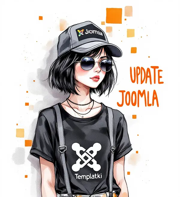 Młoda kobieta z krótkimi czarnymi włosami, nosząca czapkę z daszkiem z logo Joomla, okulary przeciwsłoneczne, czarną koszulkę z logo Templatki oraz spodnie na szelkach. Obok niej widnieje napis „UPDATE JOOMLA”. Tło w stylu akwarelowym z pomarańczowymi kwadratami.