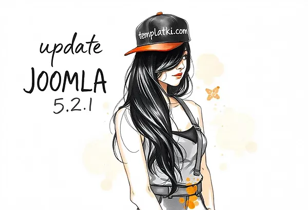  Ilustracja kobiety w czapce z daszkiem z napisem &quot;templatik.com&quot;, obok napisu &quot;update JOOMLA 5.2.1&quot; na białym tle z pomarańczowymi akcentami.
