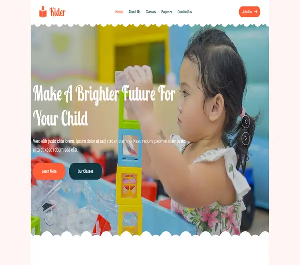 Screenshot of Kider, the free preschool website template, showcasing its features and design layout