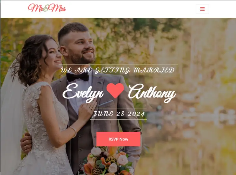 Preview of the Mr&Mrs Wedding Website Template showing responsive design and engaging UI elements