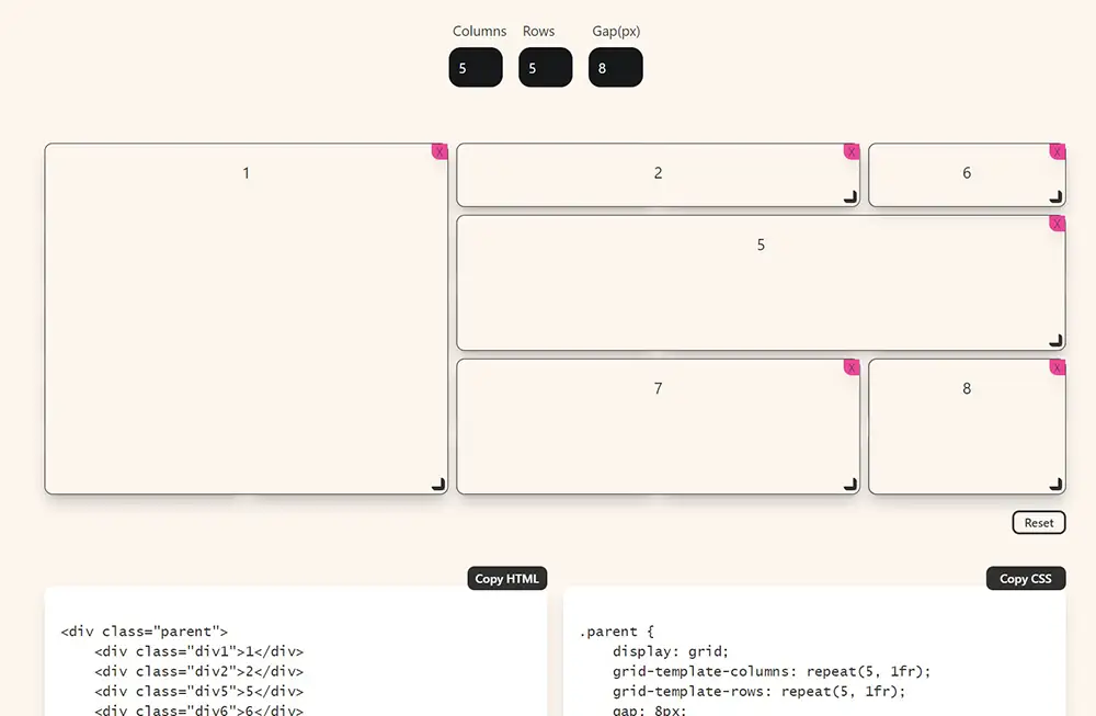 Zrzut ekranu interfejsu generatora siatki CSS, pokazujący podgląd siatki z edytowalnymi polami oraz wygenerowany kod HTML i CSS dla układu siatki.