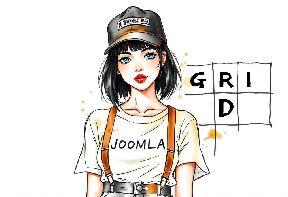 Ilustracja młodej kobiety z krótkimi czarnymi włosami, noszącej czapkę z napisem "Joomla" oraz koszulkę z tym samym logo. W tle widoczna jest siatka CSS z napisem "GRID". Ilustracja wykonana w stylu akwarelowym z pomarańczowymi akcentami.
