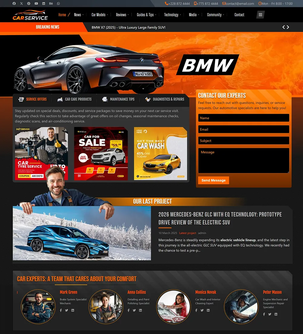 Projekt strony internetowej warsztatu samochodowego z ofertą serwisową, produktami do aut, poradami i formularzem kontaktowym. W nagłówku znajduje się samochód BMW, reklamy promocji serwisowych, realizacja ostatniego projektu oraz zdjęcia ekspertów pracujących w serwisie. Kolorystyka jest utrzymana w pomarańczowo-czarnych barwach, co nadaje stronie dynamiczny i profesjonalny wygląd.